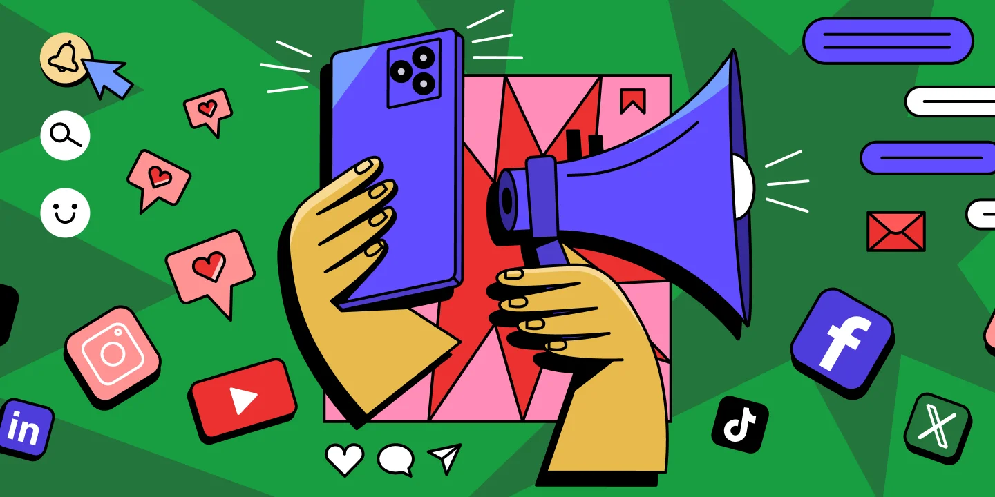 Illustration of two hands holding a smartphone and a megaphone surrounded by social media icons including Instagram, TikTok, Facebook, YouTube, and LinkedIn on a green background.